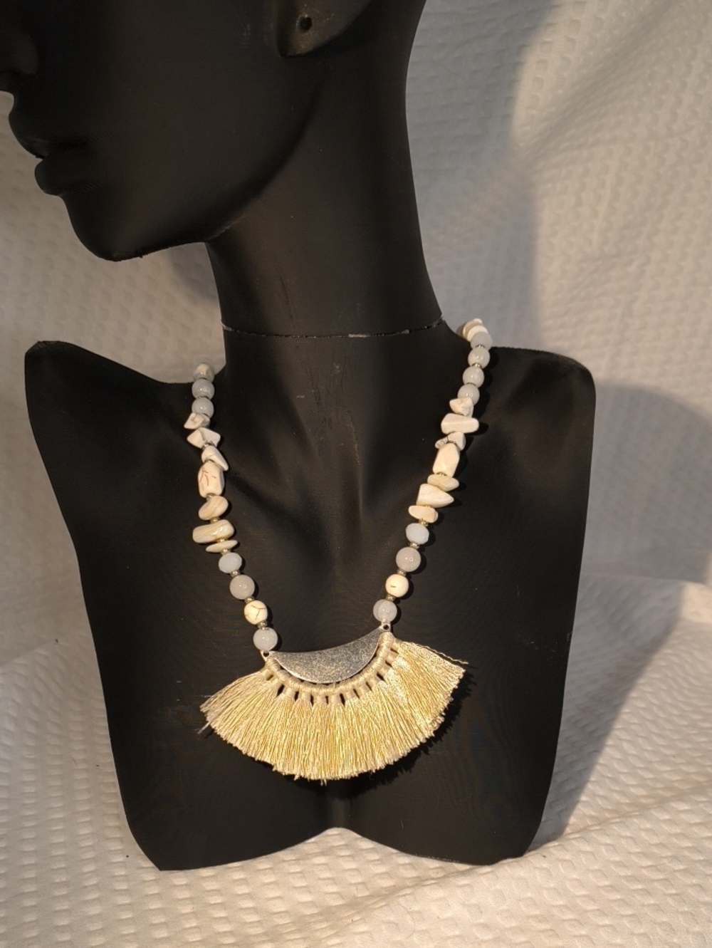 Cato 1946 Stamped White Beaded Necklace with Gold Fringe Pendant